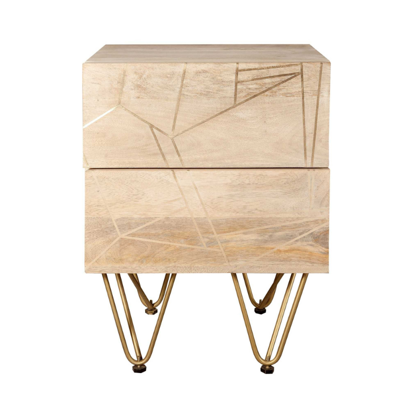 This beautiful side table offers 2 spacious drawers and is complemented with gold metal legs, featuring metal inlays on the fronts of the drawers.  This range is offered in a light natural finish Drawer dimensions (HxWxD): 12.5x37x30 cm