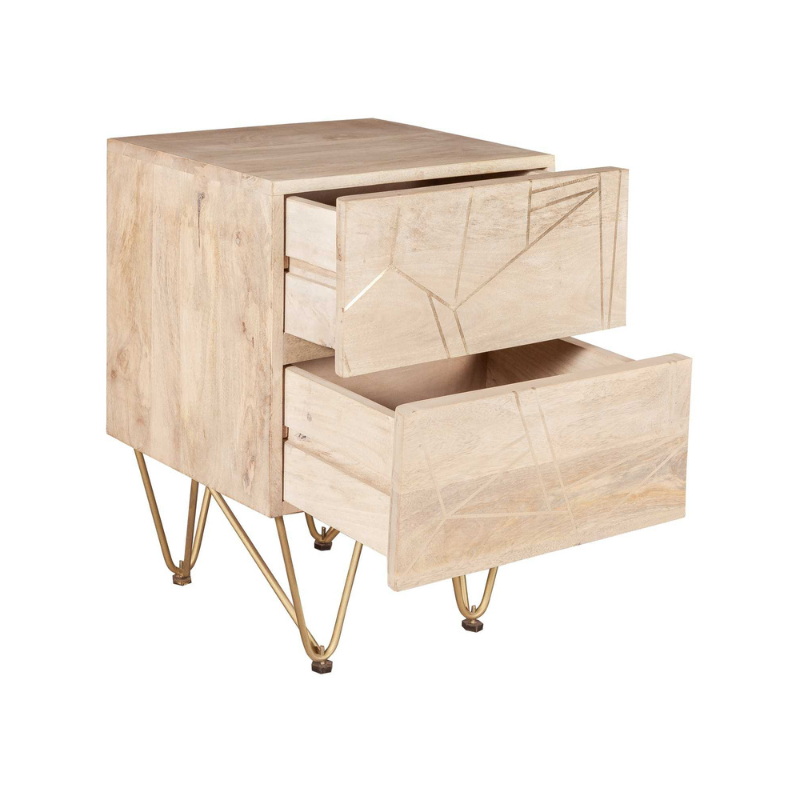 This beautiful side table offers 2 spacious drawers and is complemented with gold metal legs, featuring metal inlays on the fronts of the drawers.  This range is offered in a light natural finish Drawer dimensions (HxWxD): 12.5x37x30 cm