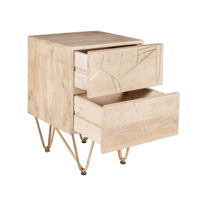 This beautiful side table offers 2 spacious drawers and is complemented with gold metal legs, featuring metal inlays on the fronts of the drawers.  This range is offered in a light natural finish Drawer dimensions (HxWxD): 12.5x37x30 cm