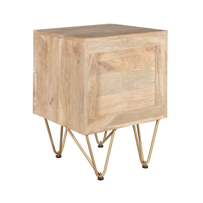 This beautiful side table offers 2 spacious drawers and is complemented with gold metal legs, featuring metal inlays on the fronts of the drawers.  This range is offered in a light natural finish Drawer dimensions (HxWxD): 12.5x37x30 cm