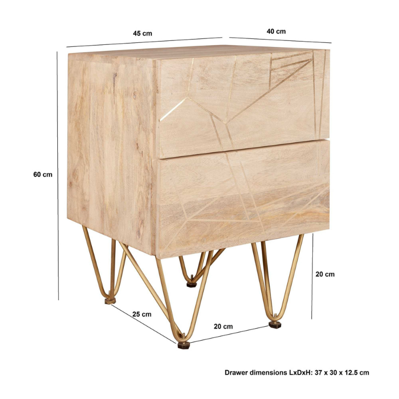 This beautiful side table offers 2 spacious drawers and is complemented with gold metal legs, featuring metal inlays on the fronts of the drawers.  This range is offered in a light natural finish Drawer dimensions (HxWxD): 12.5x37x30 cm