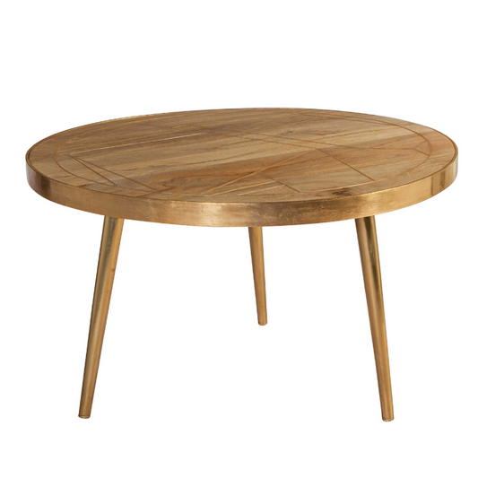 Round coffee table, featuring gold metal inlays on the table top, and a gold metal frame all around edge of the table top, complemented by 3 gold metal legs. This range is offered in a light natural finish.