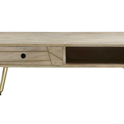 This rectangular coffee table comes with one shelf and 1 drawer on each side of the unit, offering ample storage space. This range is offered in a light natural finish, featuring gold metal inlays on drawers fronts.  Drawer dimensions (HxWxD): 9.5x48x28 cm Shelf dimensions (HxWxD): 9.5x52x24 cm