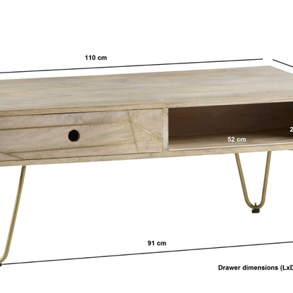 This rectangular coffee table comes with one shelf and 1 drawer on each side of the unit, offering ample storage space. This range is offered in a light natural finish, featuring gold metal inlays on drawers fronts.  Drawer dimensions (HxWxD): 9.5x48x28 cm Shelf dimensions (HxWxD): 9.5x52x24 cm