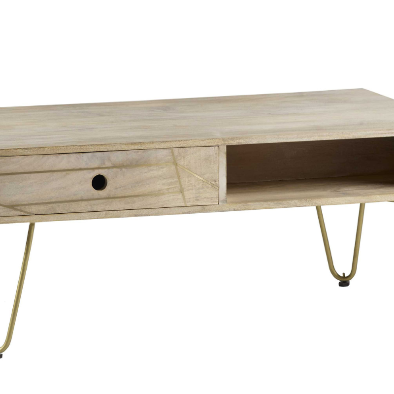 This rectangular coffee table comes with one shelf and 1 drawer on each side of the unit, offering ample storage space. This range is offered in a light natural finish, featuring gold metal inlays on drawers fronts.  Drawer dimensions (HxWxD): 9.5x48x28 cm Shelf dimensions (HxWxD): 9.5x52x24 cm