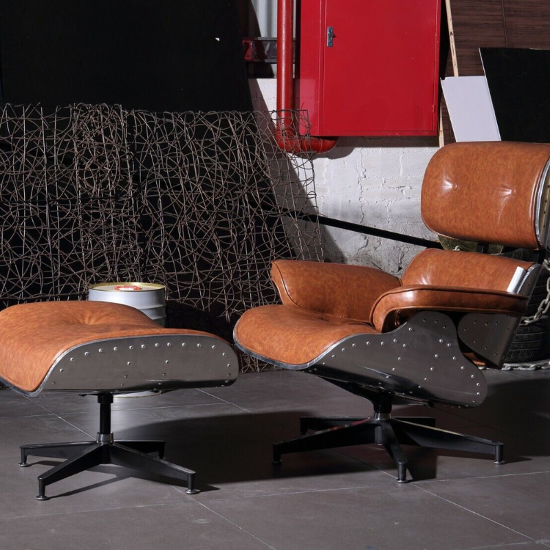 Aviator Lounge Chair & Free Ottoman - Full Real Leather Armchair