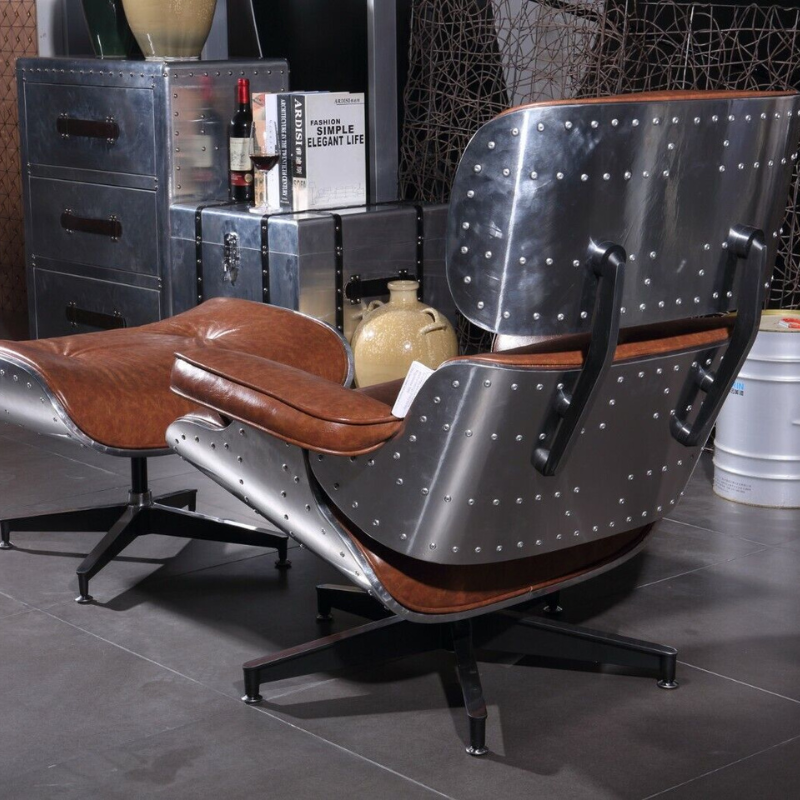 Aviator Lounge Chair & Free Ottoman - Full Real Leather Armchair