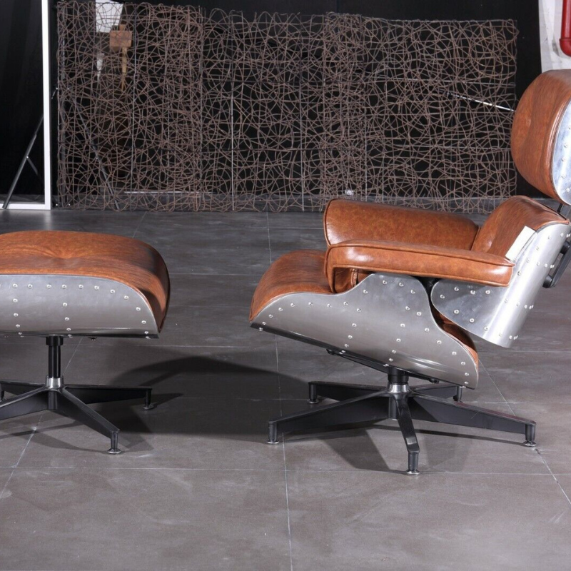 Aviator Lounge Chair & Free Ottoman - Full Real Leather Armchair