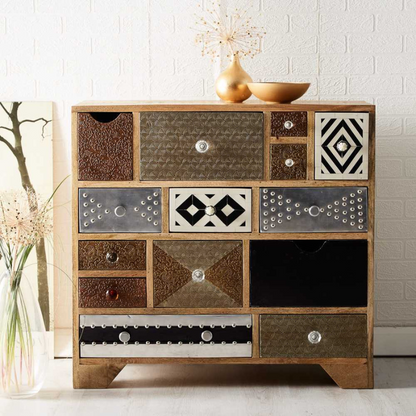 Multi-Material 14 Drawer Chest Hand Crafted Eco-Friendly Reclaimed Wood Multicoloured Drawer Front Design No Assembly Required  