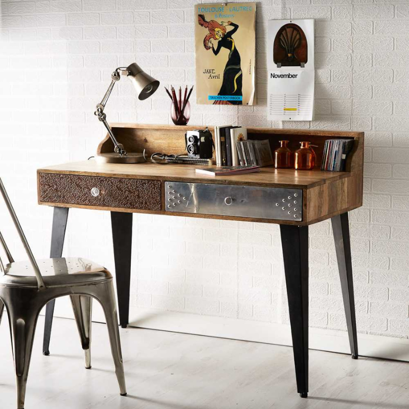 The outstanding beauty and quality of this desk / console table is so unique and versatile you will not be disappointed. It combines a modern look with the 100% natural wood and can be used anywhere in your home according to your specific needs. Featuring 2 good sized drawers each covered with a different material and metal legs this item will look good for many years to come.