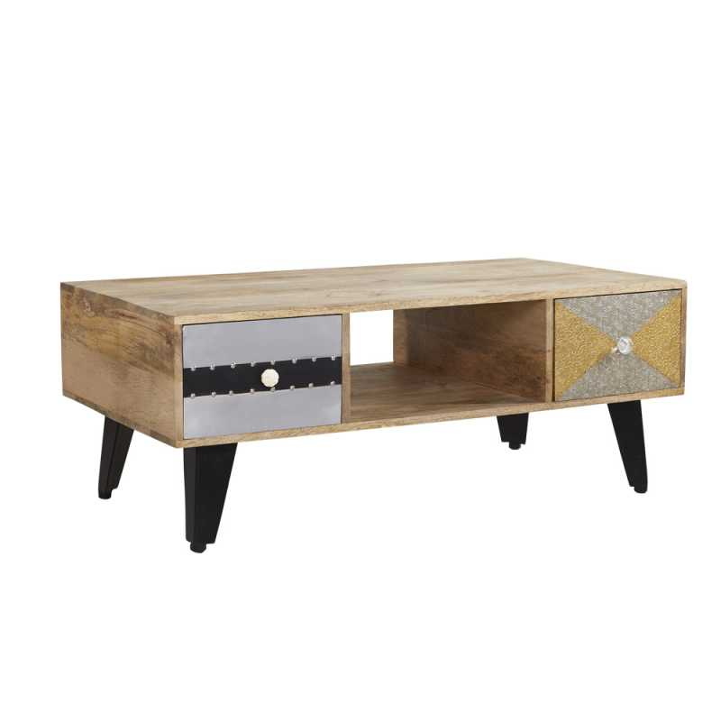 The outstanding beauty and quality of this coffee table is so unique and versatile you will not be disappointed. The variations of this piece will certainly make coffee / cocktail entertaining so much more special. It combines a modern look with the 100% natural wood and can be used anywhere in your home according to your specific needs. Featuring 2 good sized drawers each covered with a different material and metal legs this item will stand the test of time.