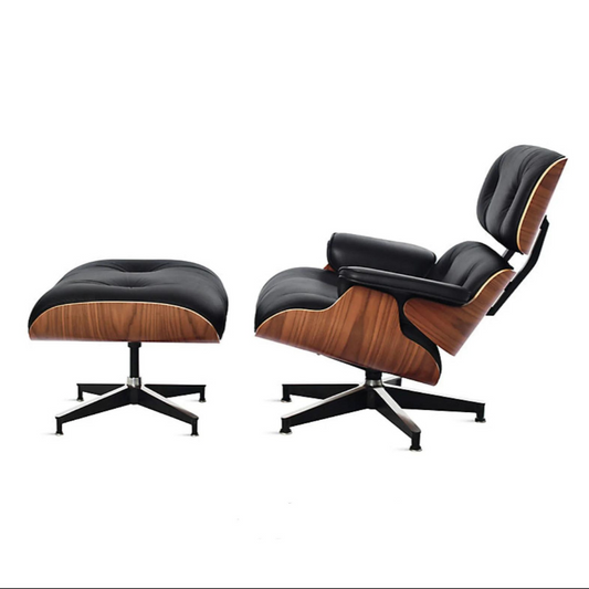 Eames Style Lounge Chair & Free Ottoman, 100% Real Black Leather, Walnut