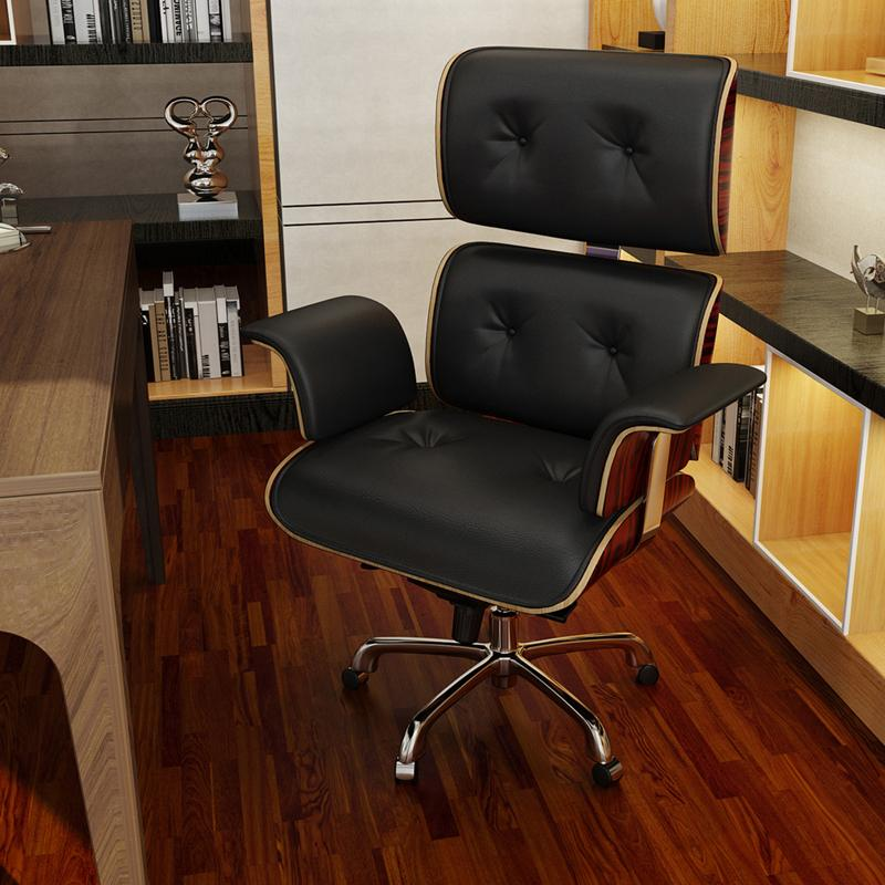 Classic EM Designer Office Chair - Black Premium Leather/ Walnut