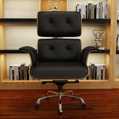 Classic EM Designer Office Chair - Black Premium Leather/ Walnut