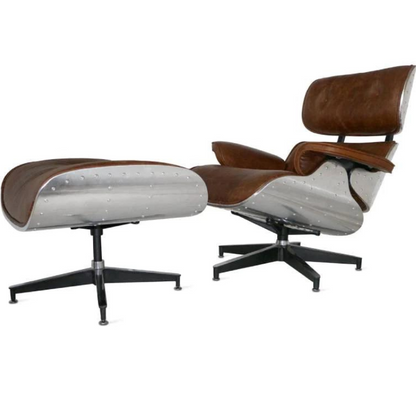 Aviator Lounge Chair & Free Ottoman - Full Real Leather Armchair