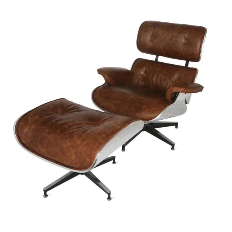 Aviator Lounge Chair & Free Ottoman - Full Real Leather Armchair