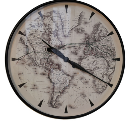 This stunning atlas wall clock makes a stunning feature against a plain wall.  Elegantly classic and decorative, black pointed hands are well contrasted against the background of an atlas. Creating an impressive wall feature as well as a useful timepiece.