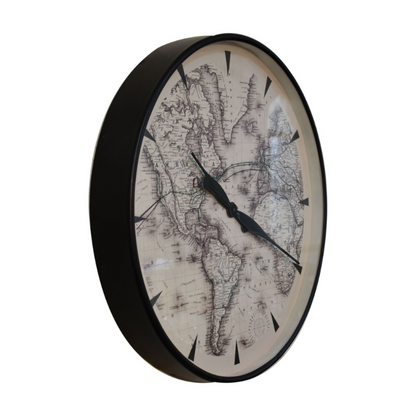 This stunning atlas wall clock makes a stunning feature against a plain wall.  Elegantly classic and decorative, black pointed hands are well contrasted against the background of an atlas. Creating an impressive wall feature as well as a useful timepiece.