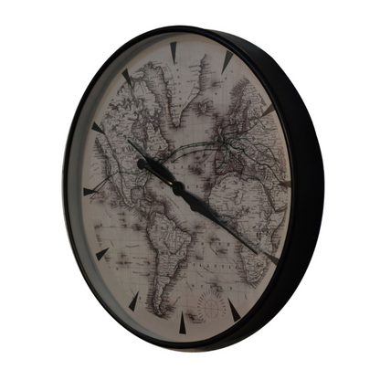 This stunning atlas wall clock makes a stunning feature against a plain wall.  Elegantly classic and decorative, black pointed hands are well contrasted against the background of an atlas. Creating an impressive wall feature as well as a useful timepiece.