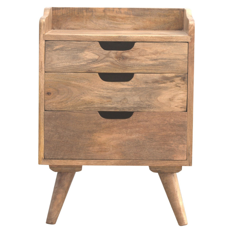 Gallery Back Bedside with 3 Drawers-100% Solid Mango Wood - HOMEBELLA