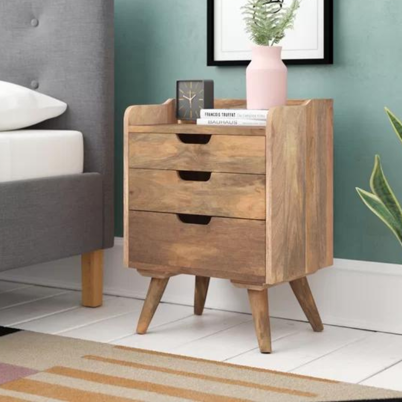 Gallery Back Bedside with 3 Drawers-100% Solid Mango Wood - HOMEBELLA