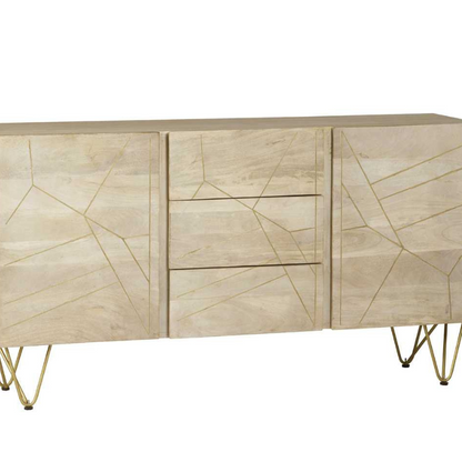 Extra Large Sideboard, featuring 3 drawers in the centre of the unit and 1 door on each side, with one interior shelf behind each door.  The perfect addition to your dining room, providing a very ample storage space. This range is offered in a light natural finish, complemented with gold metal inlays on the front of the unit.