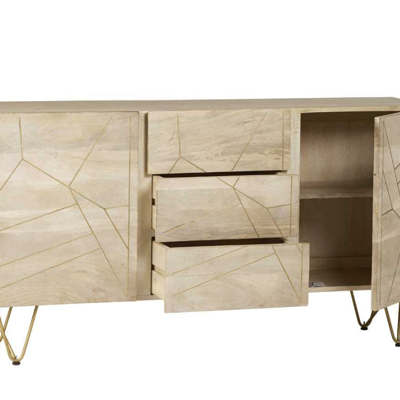 Extra Large Sideboard, featuring 3 drawers in the centre of the unit and 1 door on each side, with one interior shelf behind each door.  The perfect addition to your dining room, providing a very ample storage space. This range is offered in a light natural finish, complemented with gold metal inlays on the front of the unit.