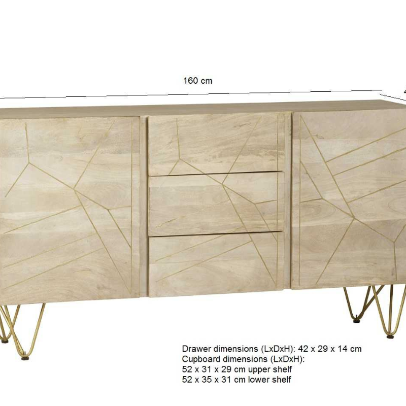 Extra Large Sideboard, featuring 3 drawers in the centre of the unit and 1 door on each side, with one interior shelf behind each door.  The perfect addition to your dining room, providing a very ample storage space. This range is offered in a light natural finish, complemented with gold metal inlays on the front of the unit.