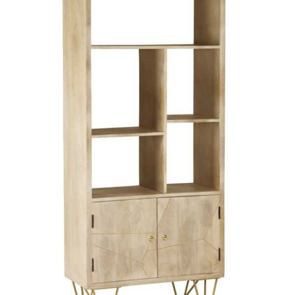 This stylish bookcase features a versatile storage space, designed with a cabinet at the bottom of the unit and 5 open shelves that can be used for books, magazines etc.  This range is offered in a light natural finish, complemented with gold metal inlays on the front of the unit.