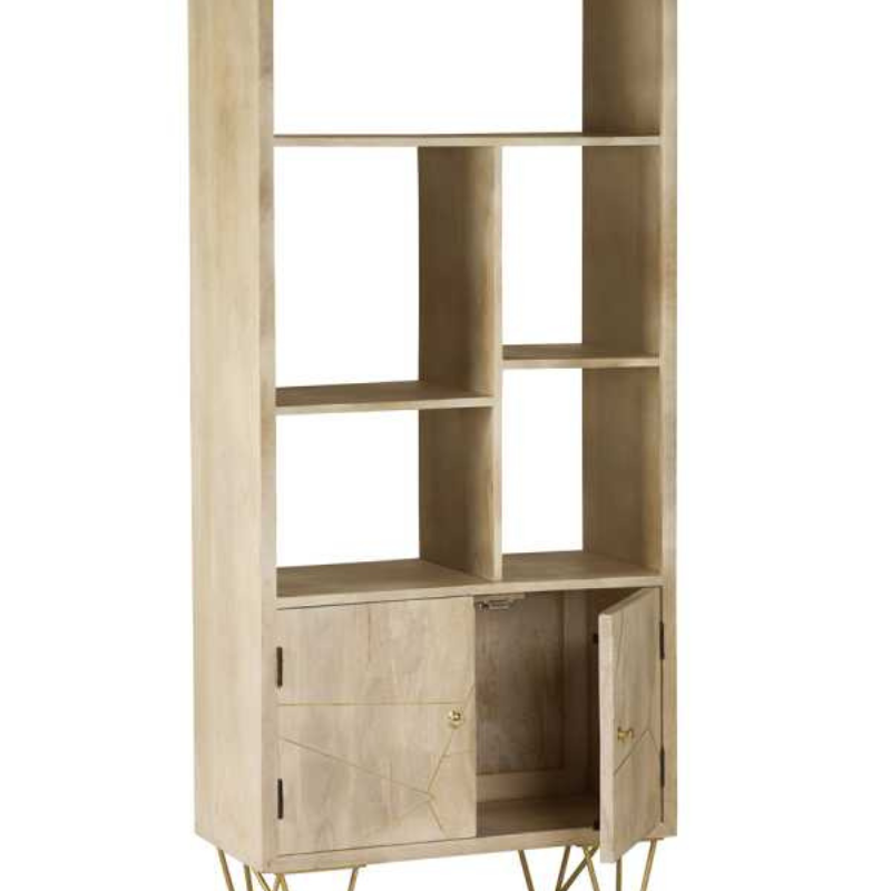 This stylish bookcase features a versatile storage space, designed with a cabinet at the bottom of the unit and 5 open shelves that can be used for books, magazines etc.  This range is offered in a light natural finish, complemented with gold metal inlays on the front of the unit.