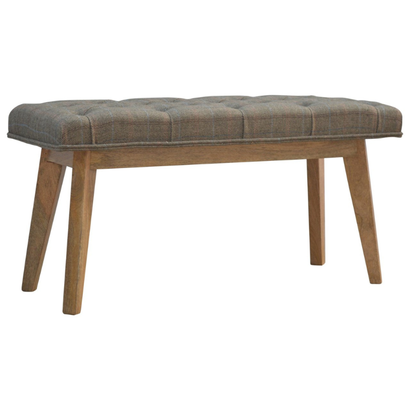 This bench is ideal for extra seating, and is constructed from 100% solid mango wood, and upholstered in multi tweed. Other features include deep button tufts and 4 Nordic-style legs which have a smooth oak-ish finish.  You may encounter variations from batch to batch hence if you are looking to pair products under similar room settings; you can opt for a bespoke order or take an informed decision about the possible variations.
