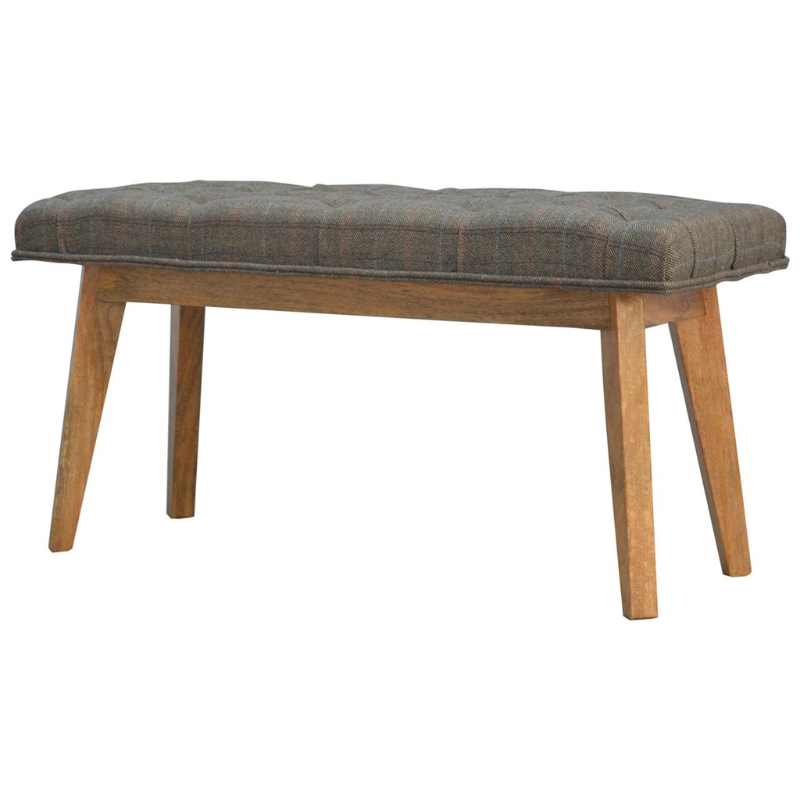 This bench is ideal for extra seating, and is constructed from 100% solid mango wood, and upholstered in multi tweed. Other features include deep button tufts and 4 Nordic-style legs which have a smooth oak-ish finish.  You may encounter variations from batch to batch hence if you are looking to pair products under similar room settings; you can opt for a bespoke order or take an informed decision about the possible variations.