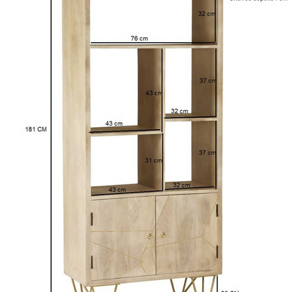 This stylish bookcase features a versatile storage space, designed with a cabinet at the bottom of the unit and 5 open shelves that can be used for books, magazines etc.  This range is offered in a light natural finish, complemented with gold metal inlays on the front of the unit.