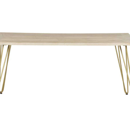 This elegant dining table is offered in a rectangular shape, it can comfortably accomodate 6 people and it is stained in a light natural finish, featuring gold metal inlays on the table top, complemented by gold metal legs.  Table top thickness: 3 cm