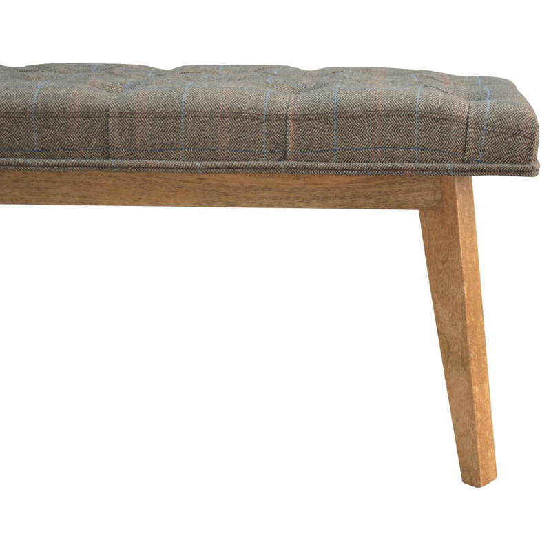 This bench is ideal for extra seating, and is constructed from 100% solid mango wood, and upholstered in multi tweed. Other features include deep button tufts and 4 Nordic-style legs which have a smooth oak-ish finish.  You may encounter variations from batch to batch hence if you are looking to pair products under similar room settings; you can opt for a bespoke order or take an informed decision about the possible variations.