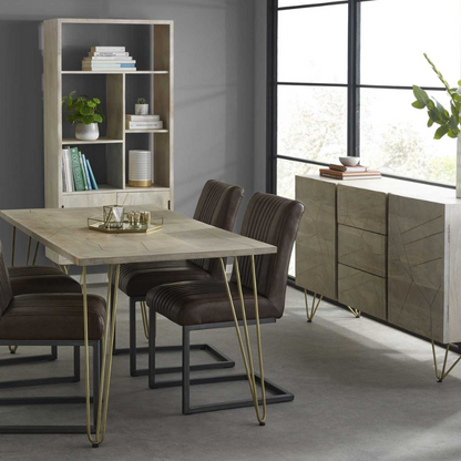 This elegant dining table is offered in a rectangular shape, it can comfortably accomodate 6 people and it is stained in a light natural finish, featuring gold metal inlays on the table top, complemented by gold metal legs.  Table top thickness: 3 cm