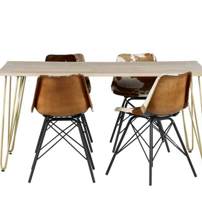 This elegant dining table is offered in a rectangular shape, it can comfortably accomodate 6 people and it is stained in a light natural finish, featuring gold metal inlays on the table top, complemented by gold metal legs.  Table top thickness: 3 cm