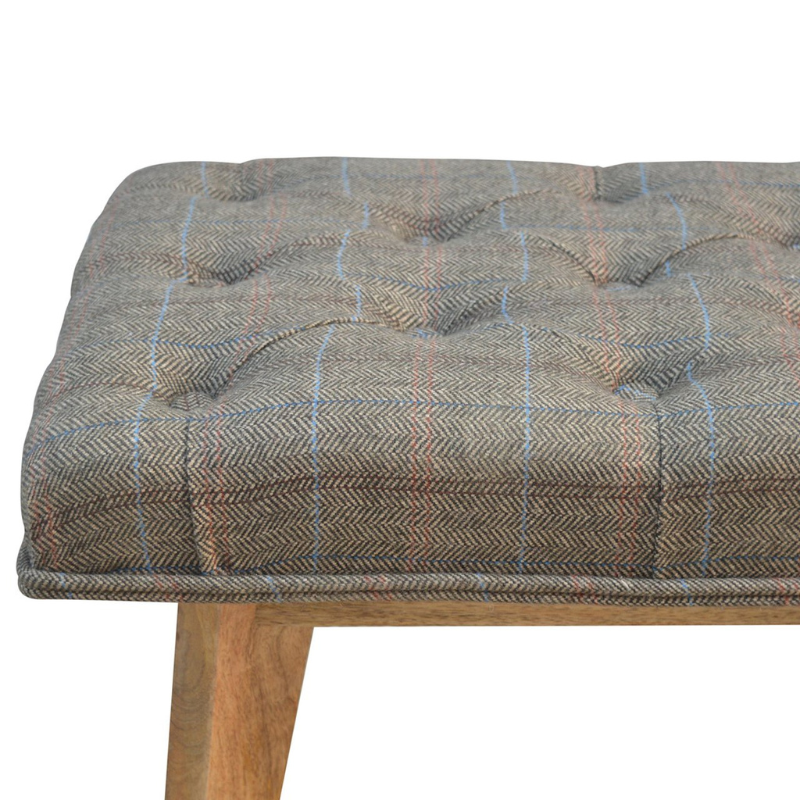 This bench is ideal for extra seating, and is constructed from 100% solid mango wood, and upholstered in multi tweed. Other features include deep button tufts and 4 Nordic-style legs which have a smooth oak-ish finish.  You may encounter variations from batch to batch hence if you are looking to pair products under similar room settings; you can opt for a bespoke order or take an informed decision about the possible variations.