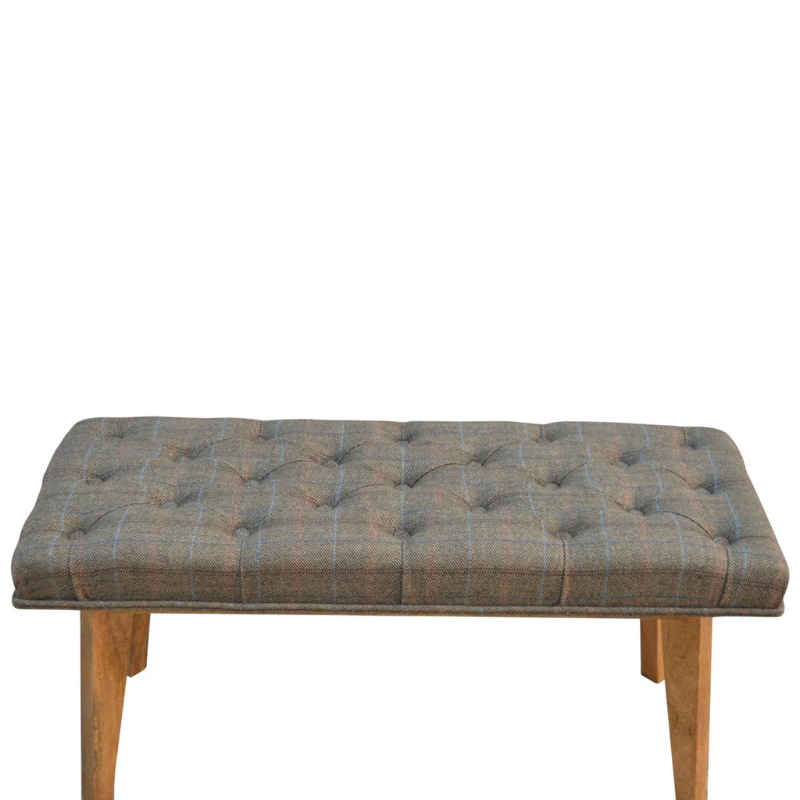 This bench is ideal for extra seating, and is constructed from 100% solid mango wood, and upholstered in multi tweed. Other features include deep button tufts and 4 Nordic-style legs which have a smooth oak-ish finish.  You may encounter variations from batch to batch hence if you are looking to pair products under similar room settings; you can opt for a bespoke order or take an informed decision about the possible variations.