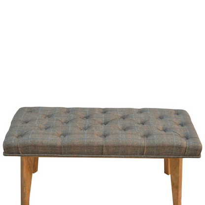 This bench is ideal for extra seating, and is constructed from 100% solid mango wood, and upholstered in multi tweed. Other features include deep button tufts and 4 Nordic-style legs which have a smooth oak-ish finish.  You may encounter variations from batch to batch hence if you are looking to pair products under similar room settings; you can opt for a bespoke order or take an informed decision about the possible variations.