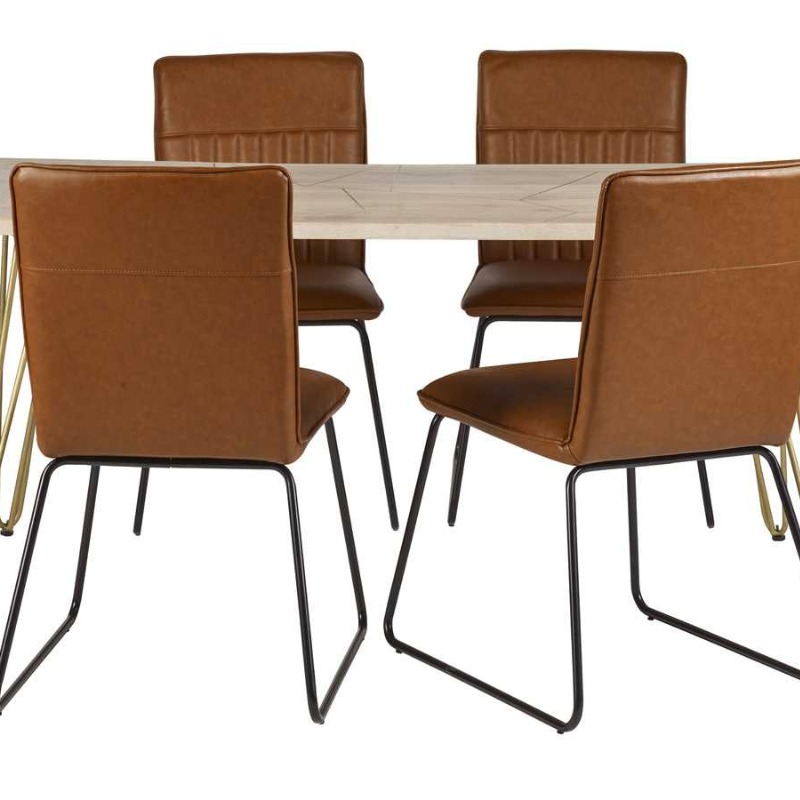 This elegant dining table is offered in a rectangular shape, it can comfortably accomodate 6 people and it is stained in a light natural finish, featuring gold metal inlays on the table top, complemented by gold metal legs.  Table top thickness: 3 cm