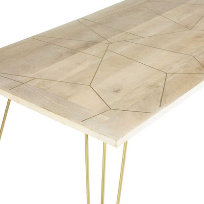 This elegant dining table is offered in a rectangular shape, it can comfortably accomodate 6 people and it is stained in a light natural finish, featuring gold metal inlays on the table top, complemented by gold metal legs.  Table top thickness: 3 cm