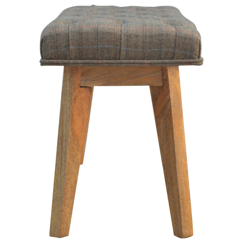 This bench is ideal for extra seating, and is constructed from 100% solid mango wood, and upholstered in multi tweed. Other features include deep button tufts and 4 Nordic-style legs which have a smooth oak-ish finish.  You may encounter variations from batch to batch hence if you are looking to pair products under similar room settings; you can opt for a bespoke order or take an informed decision about the possible variations.