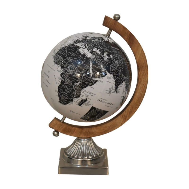 The wooden framed globe boasts a lovely white and black glossy finish. The spherical globe features loose engravings, depicting the world map. The relaxed nature and style of the design creates a striking contrast with the chrome frame.  This product is handcrafted individually and as every piece is unique please do expect variations in finish, texture, size and should not be considered as a defect.