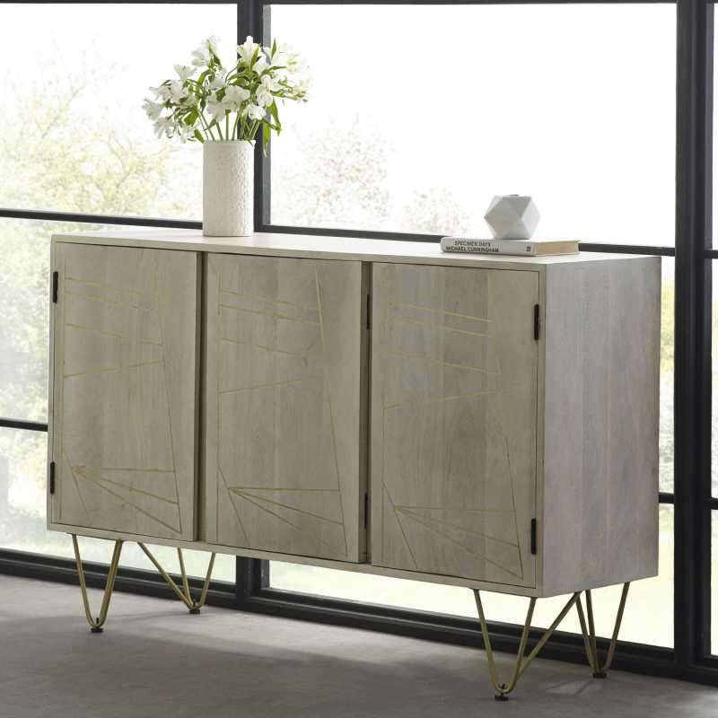 Large Sideboard, featuring 3 doors and one interior shelf behind each door. The perfect addition to your dining room, providing plenty of storage space.  This range is offered in a light natural finish, complemented with gold metal inlays on the front of the unit.