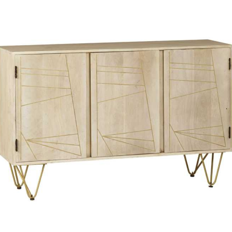 Large Sideboard, featuring 3 doors and one interior shelf behind each door. The perfect addition to your dining room, providing plenty of storage space.  This range is offered in a light natural finish, complemented with gold metal inlays on the front of the unit.