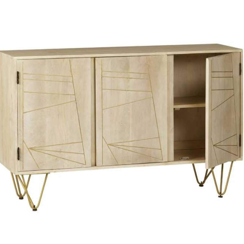 Large Sideboard, featuring 3 doors and one interior shelf behind each door. The perfect addition to your dining room, providing plenty of storage space.  This range is offered in a light natural finish, complemented with gold metal inlays on the front of the unit.