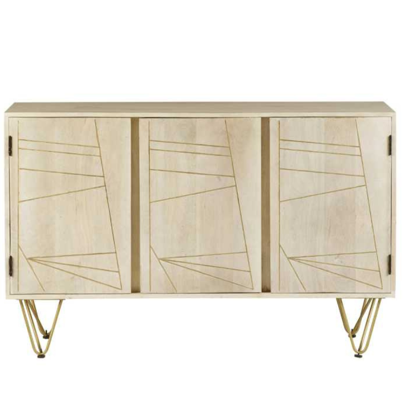 Large Sideboard, featuring 3 doors and one interior shelf behind each door. The perfect addition to your dining room, providing plenty of storage space.  This range is offered in a light natural finish, complemented with gold metal inlays on the front of the unit.