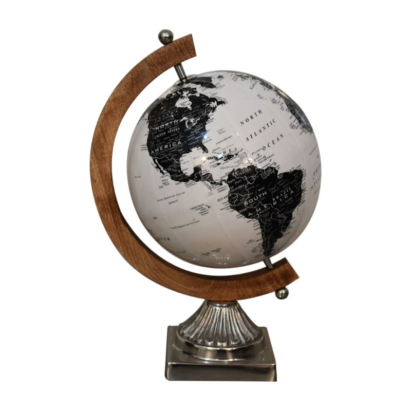 The wooden framed globe boasts a lovely white and black glossy finish. The spherical globe features loose engravings, depicting the world map. The relaxed nature and style of the design creates a striking contrast with the chrome frame.  This product is handcrafted individually and as every piece is unique please do expect variations in finish, texture, size and should not be considered as a defect.