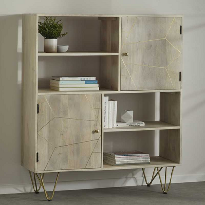 A lovely piece of furniture suitable both for the living room space as well as for an office, offering 4 open shelves for books, files, magazines, etc. and 2 cupboards, each one with an internal shelf for all kind of items you would like to hide away.  This range is offered in a light natural finish, complemented with gold metal inlays on the front of the unit.